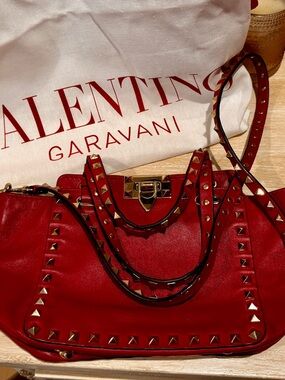 Valentino Garavani Deep Pink/Raspberry Rockstud Leather Two Way Bag with dusty